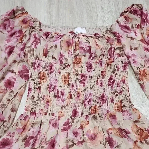 Sky to Moon Womens Floral Balloon Sleeve Smocked Waist Blouse Multi-Color Small - Picture 3 of 10